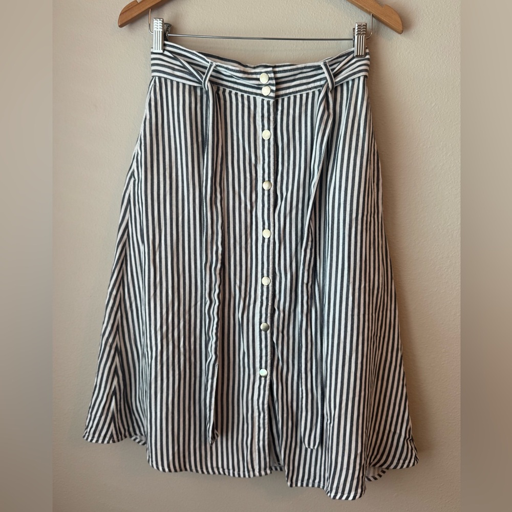 LOFT Black and White Striped Midi Skirt